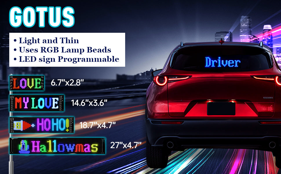 Car Sign - Programmable Scrolling Display Bluetooth App Control DIY Animation Text Graffiti Color 38.1cm x 10.1cm