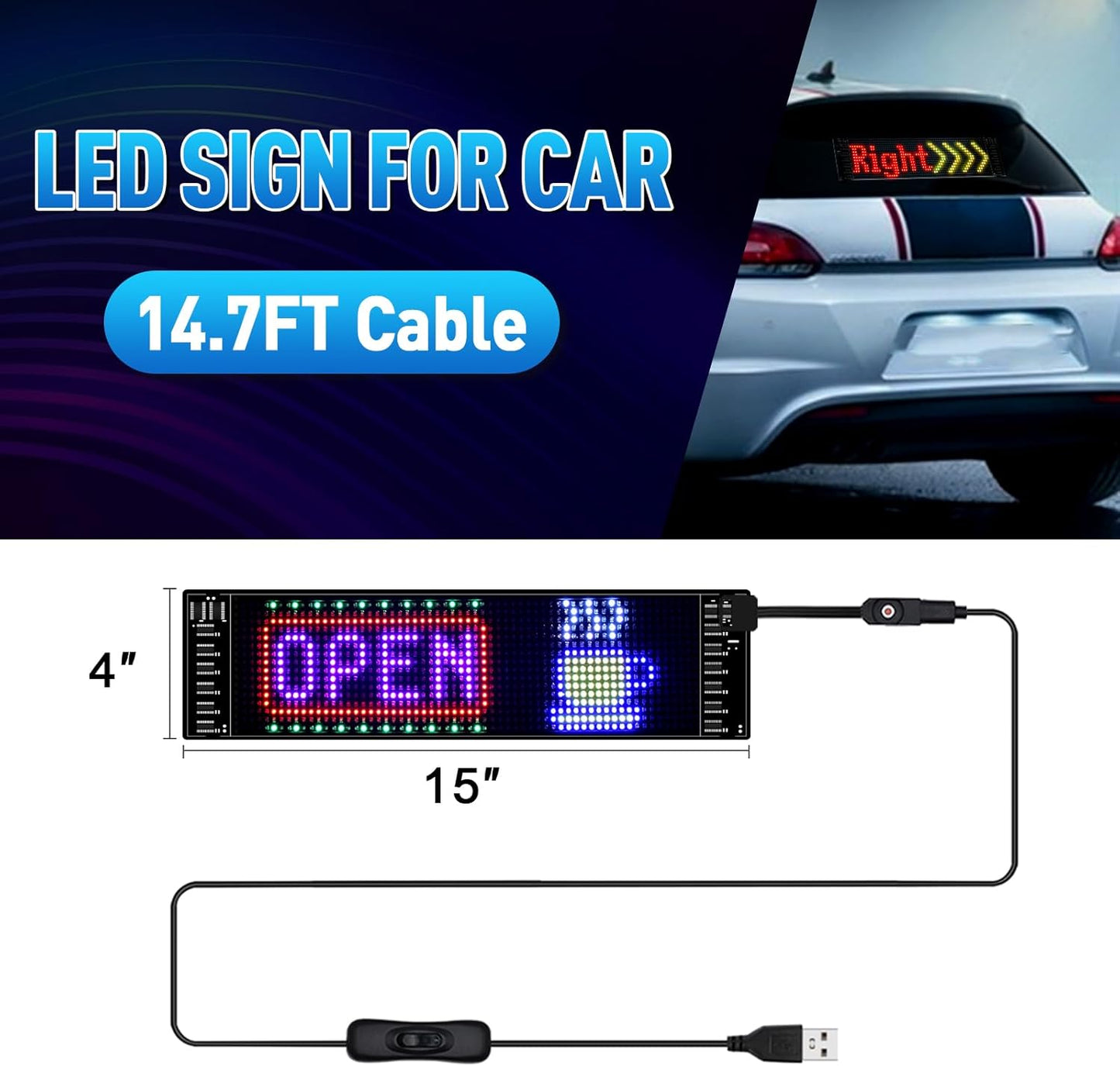 Programmable Full Color LED Sign - Bluetooth APP Control Custom Text Pattern for Car Business Store